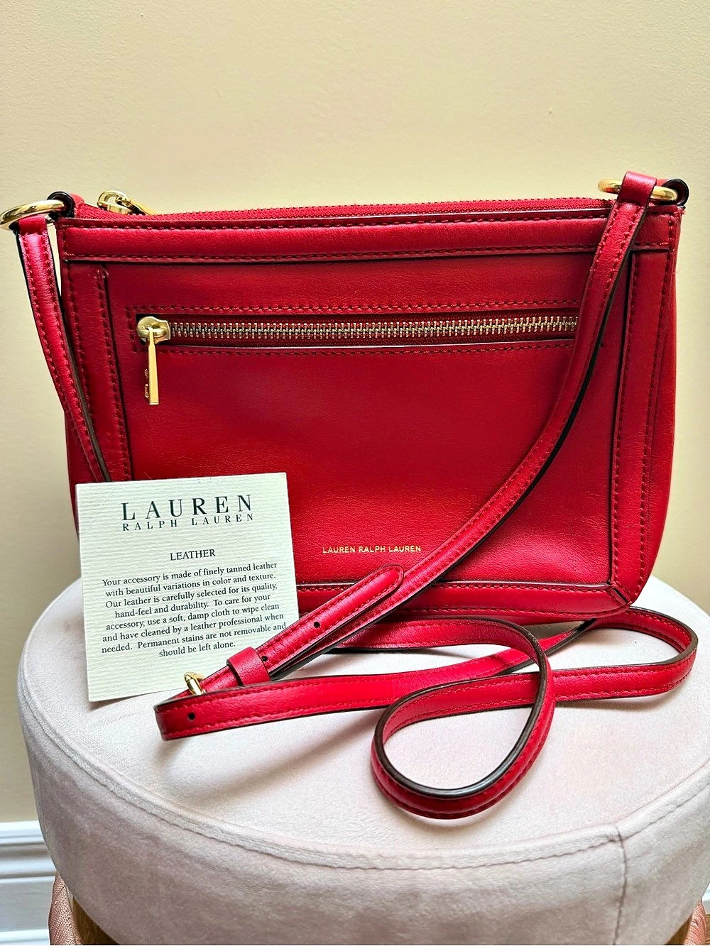 RALPH LAUREN Red Leather Gold Hardware Classic Medium Crossbody Bag Purse